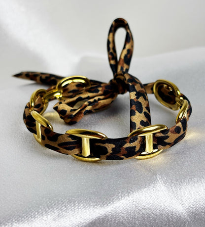Bracelet manchette acier inoxydable léopard EVAYA avec motifs animaliers et éléments dorés