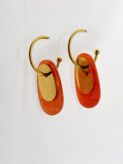 Créoles orange doré acier inoxydable femme avec pendentifs ovales orange et dorés élégants